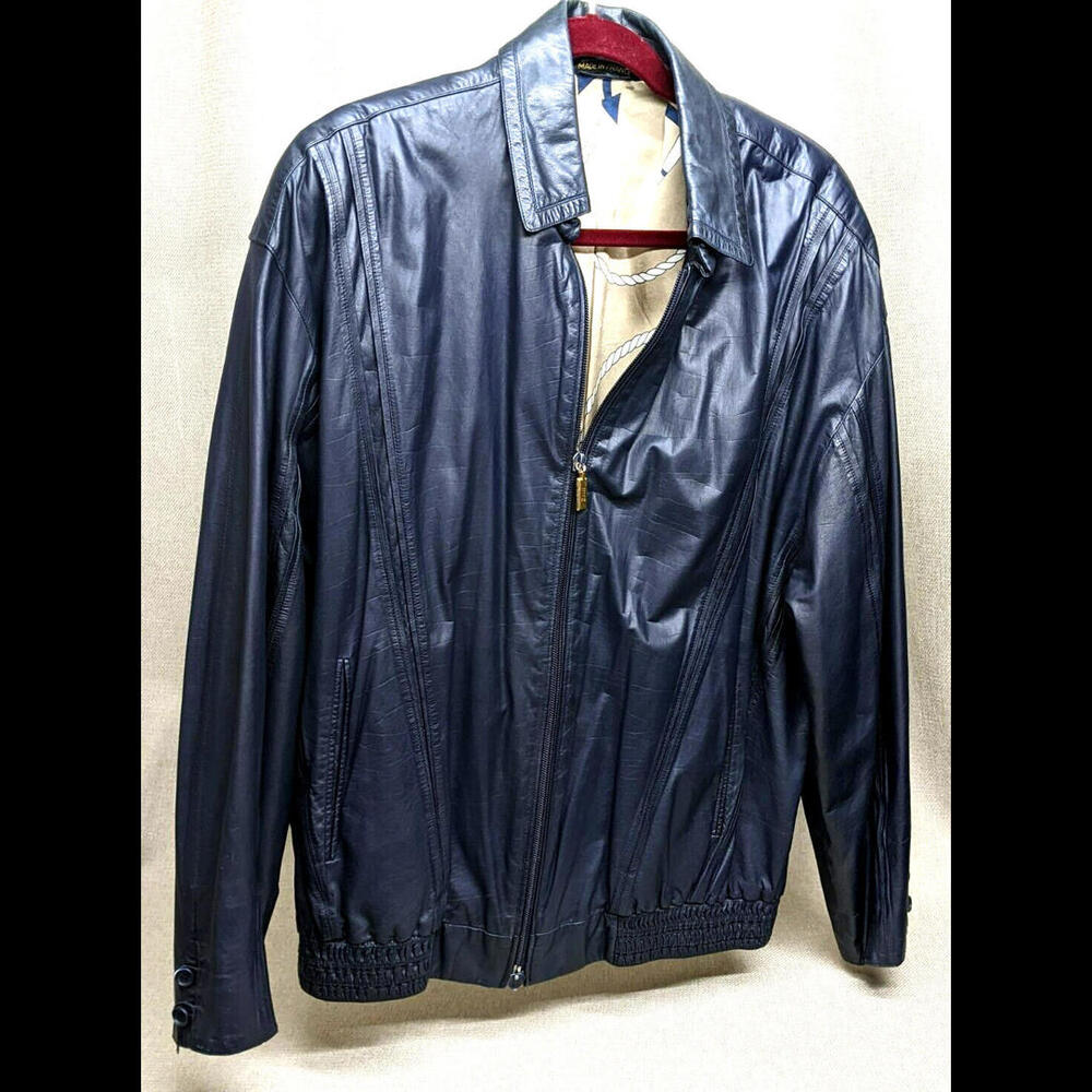 Vintage Zilli Ladies Navy Calf Leather Jacket Size 2XL 100% Silk Lining France